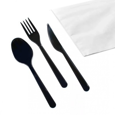 Csomagolt evőeszköz készlet Superior villa+kés+kanál+2 rétegű szalvéta, fekete, 180 mm (GP)