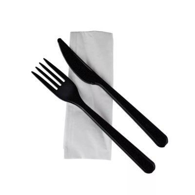 Csomagolt evőeszköz készlet Superior villa+kés+2 rétegűszalvéta, fekete, 180 mm (GP)