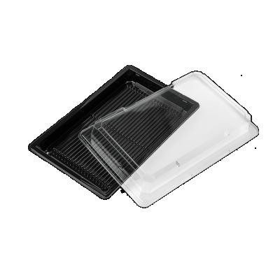Sushi doboz tetővel szettben 215 x 130 x 18 mm Fekete 100 db alj +100 db tető összecsomagolva rPET