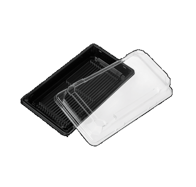 Sushi doboz tetővel szettben 185 x 127 x 20 mm Fekete 100 db alj +100 db tető összecsomagolva rPET